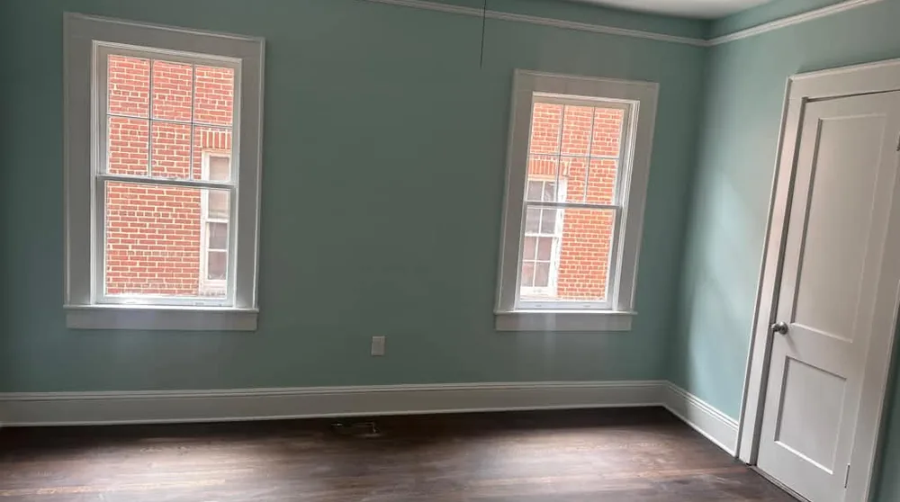 Room with sage green walls, white trim and dark wood floors