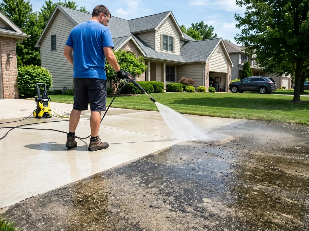Pressure washer cleaning a concrete driveway beside the darker untreated surface